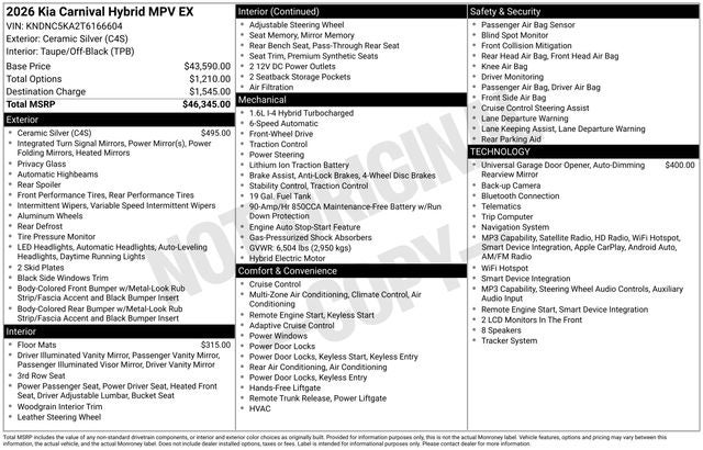 2026 Kia Carnival Hybrid EX