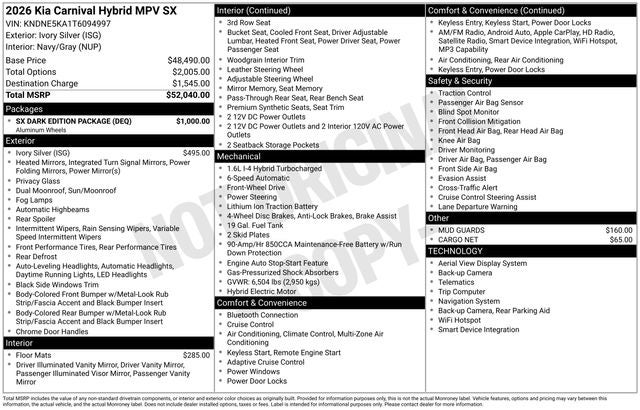 2026 Kia Carnival Hybrid SX