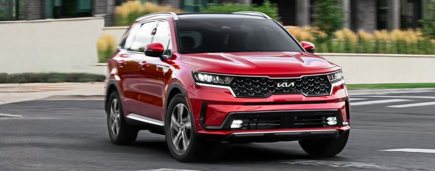 Red 2023 Kia Sorento Hybrid driving through an intersection