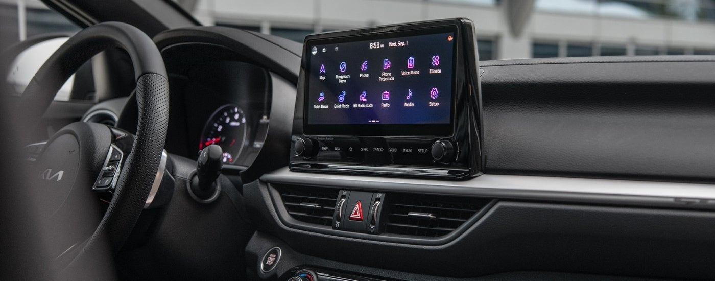 The infotainment screen in a 2025 Kia Forte at a Kia dealer near Buffalo Grove.